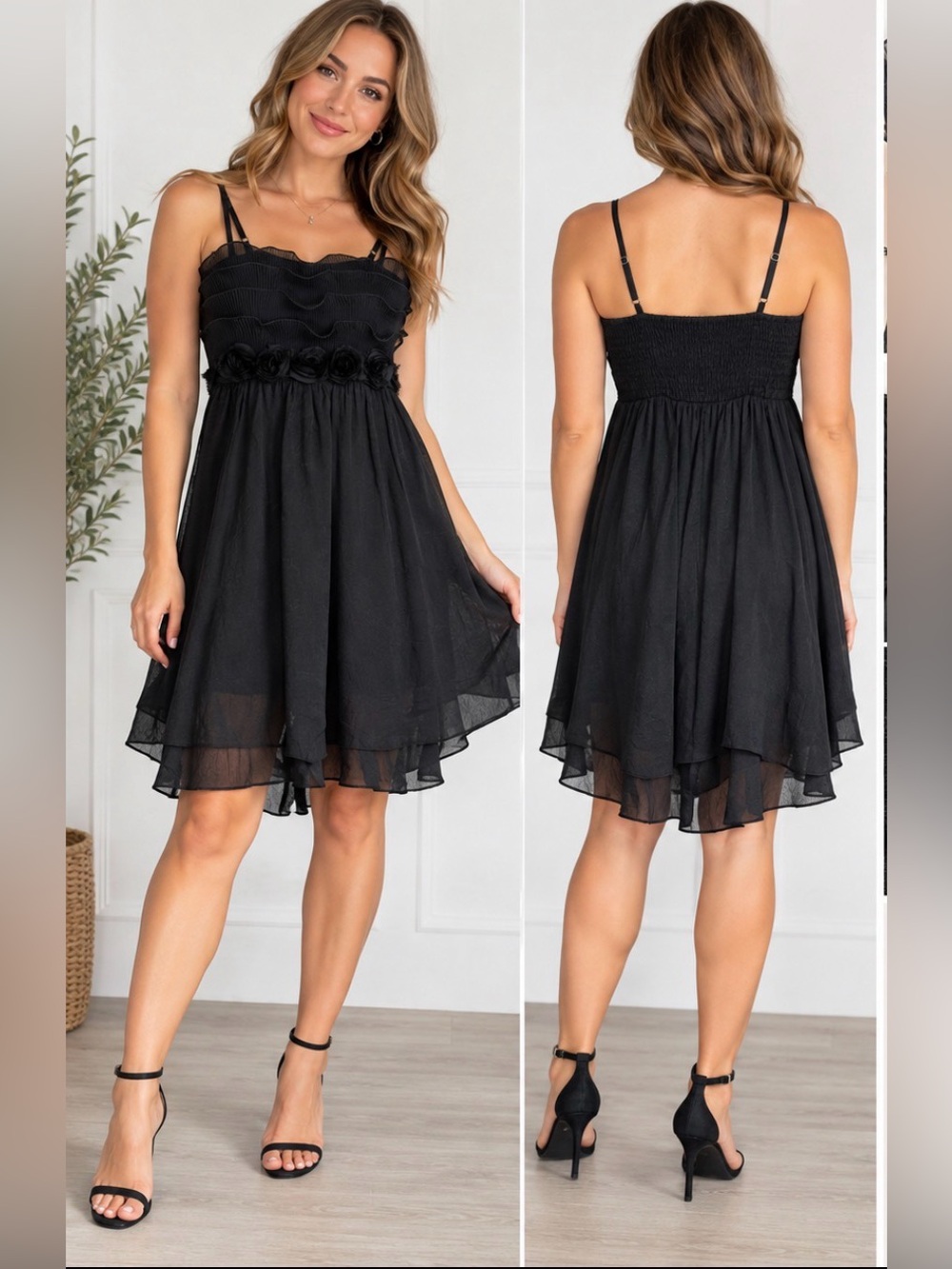 Rachel & Chloe Black Rosette Ruffle Babydoll Dress Size S Party Cocktail Holiday